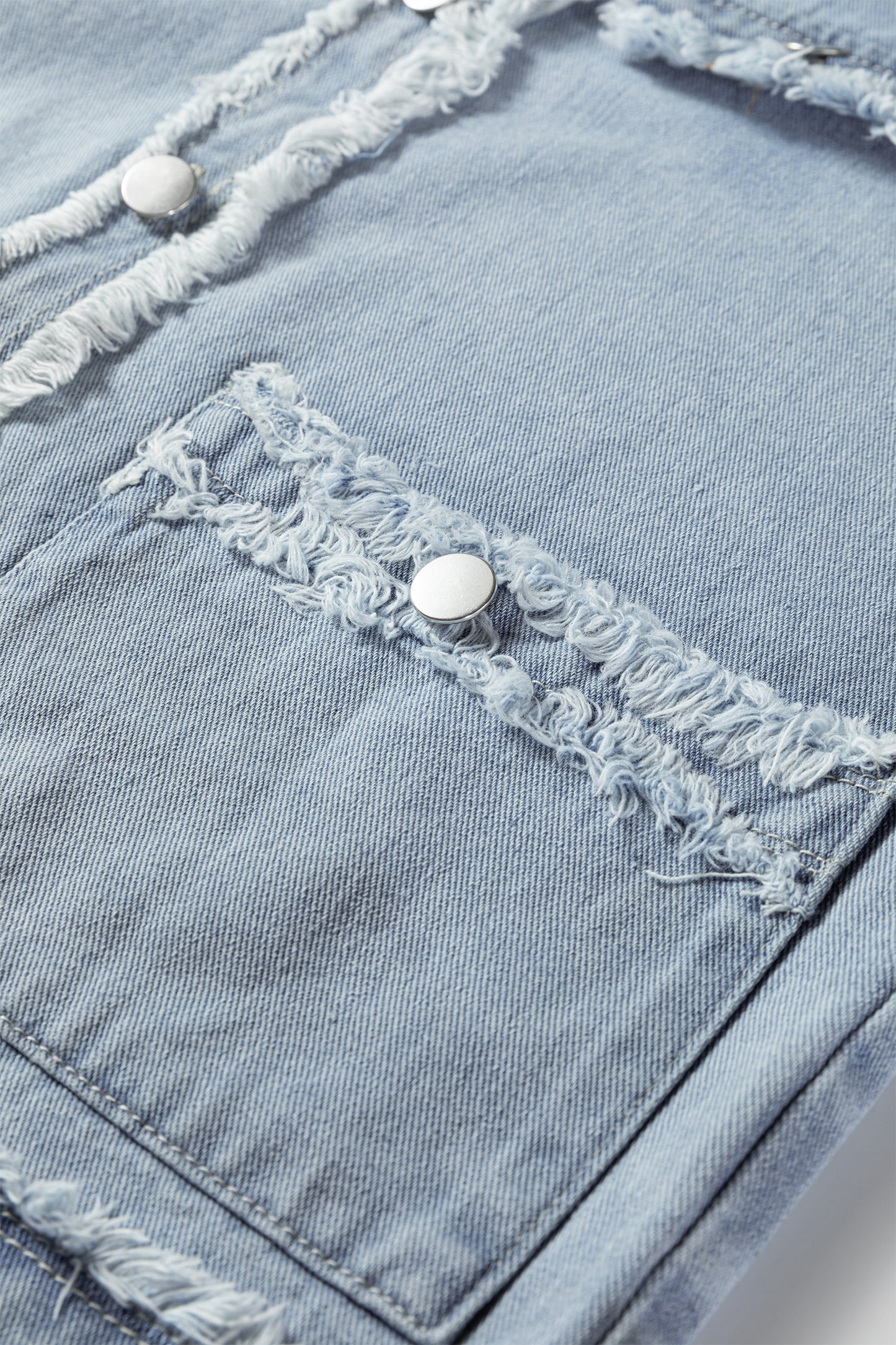 Light Wash Frayed Edge Flap Pocket Button Down Denim Vest