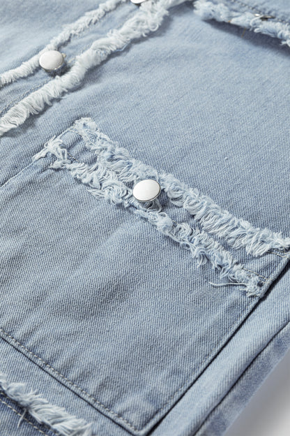 Light Wash Frayed Edge Flap Pocket Button Down Denim Vest