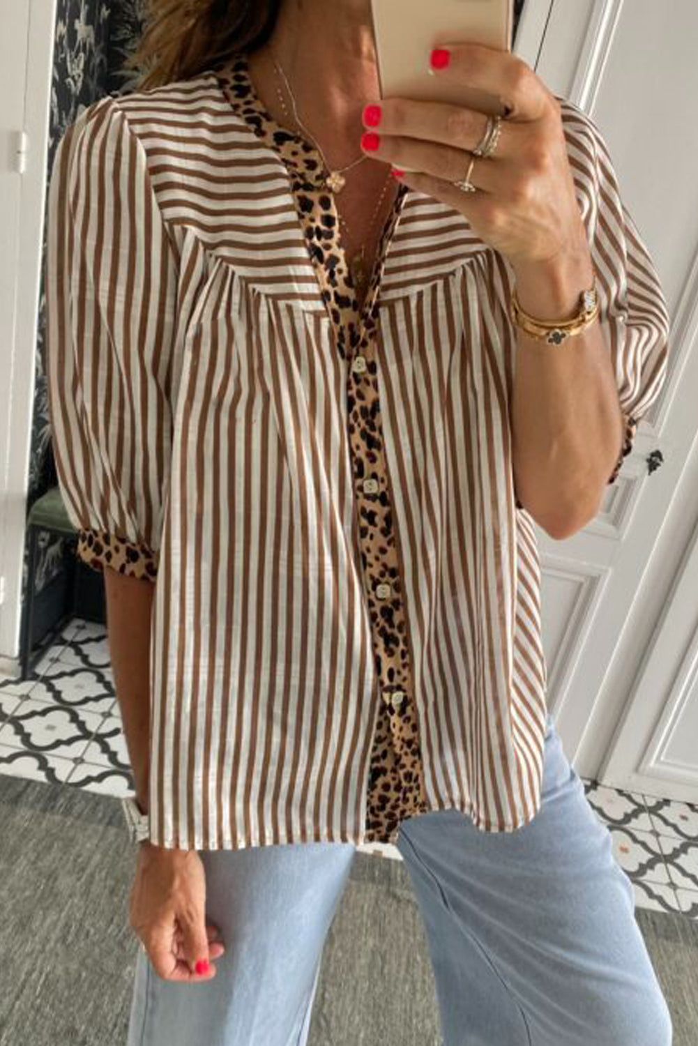 Brown Stripe V Neck Button Down Top with Leopard Trim Detail
