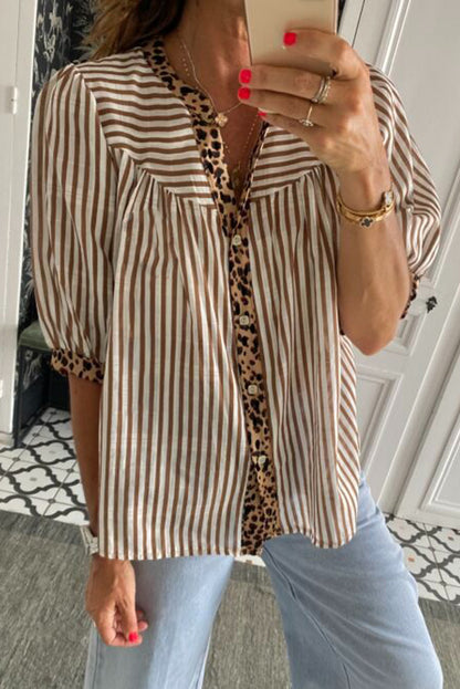 Brown Stripe V Neck Button Down Top with Leopard Trim Detail
