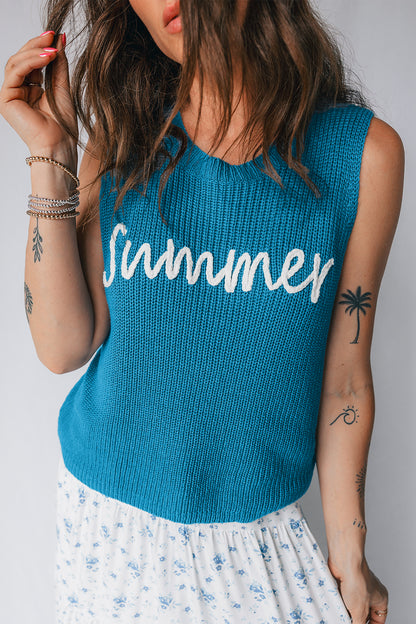 Summer Script Graphic Dusk Blue Sleeveless Knit Sweater Vest