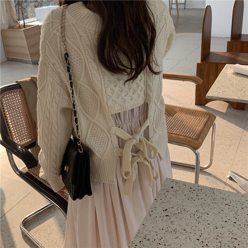 Bow Tie Back Cable Knit Sweater Long Sleeve