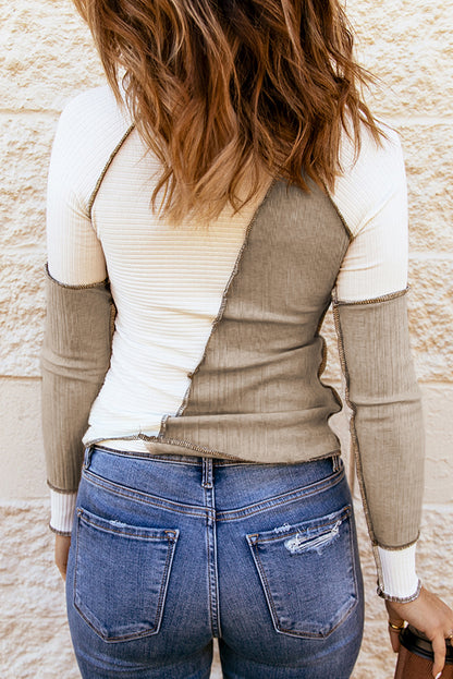 Irregular Color Block Rib Knit Long Sleeve Top