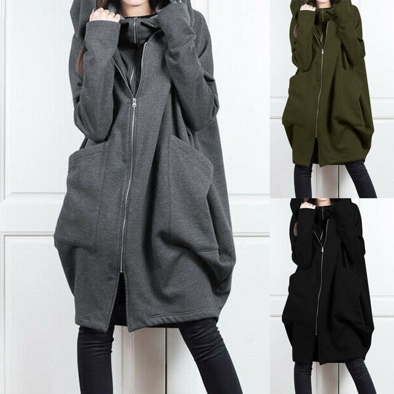 Women's Oversized Long Zip Up Fleece Hoodie Jacket Pockets