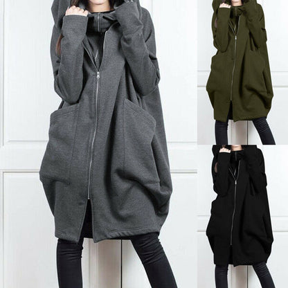 Women's Oversized Long Zip Up Fleece Hoodie Jacket Pockets