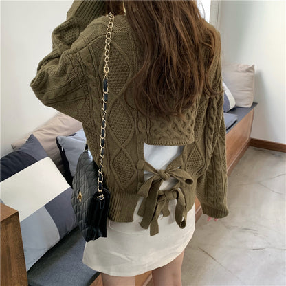 Bow Tie Back Cable Knit Sweater Long Sleeve