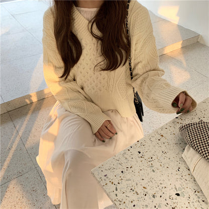 Bow Tie Back Cable Knit Sweater Long Sleeve