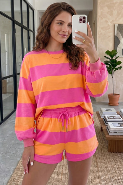 Pink Orange Stripe Lounge Set 2pc Shorts Set Sweatshirt