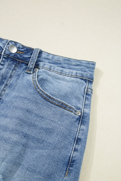 Distressed High Waist Asymmetrical Denim Midi Skirt