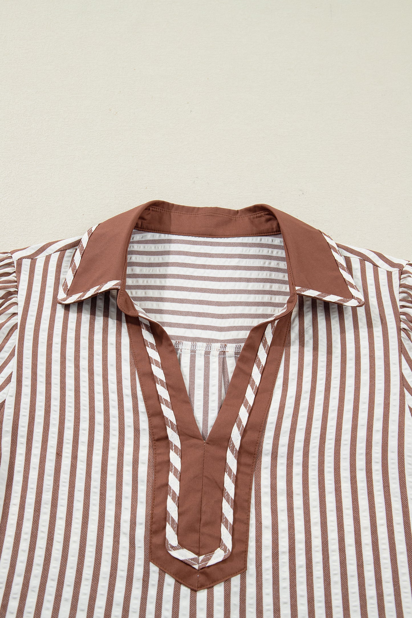 Khaki Striped Split Neck Puff Sleeve Blouse Top