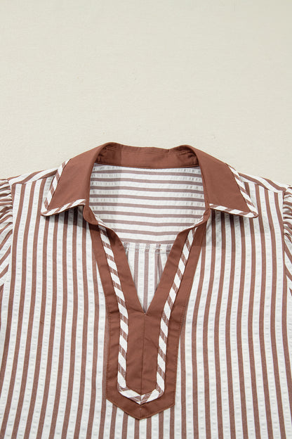 Khaki Striped Split Neck Puff Sleeve Blouse Top
