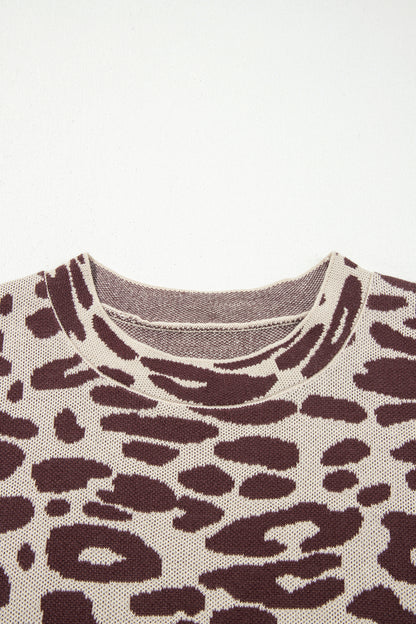Khaki Leopard Knit Short Sleeve Pullover Sweater