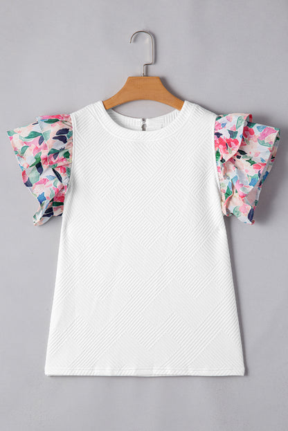 White Textured Knit Floral Ruffle Sleeve Casual Top