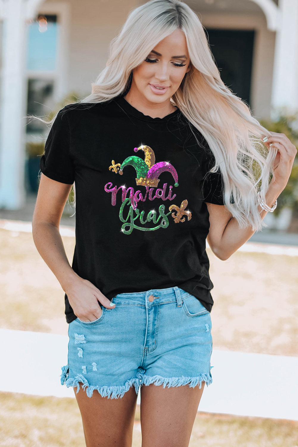 Black Glitter Mardi Gras Jester Hat Graphic Tee