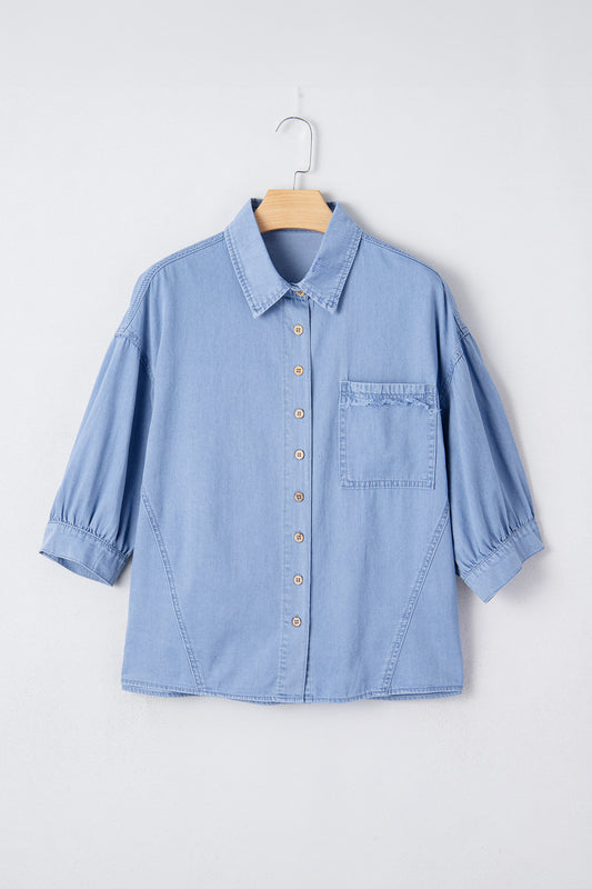 Washed Chambray Drop Shoulder Bracelet Sleeve Shirt
