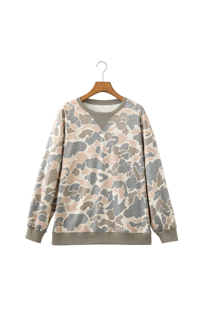 Camouflage Oversized Pullover Sweatshirt Rib Trim Top