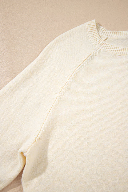 Button Cuff Bishop Sleeve Crew Neck Knit Sweater