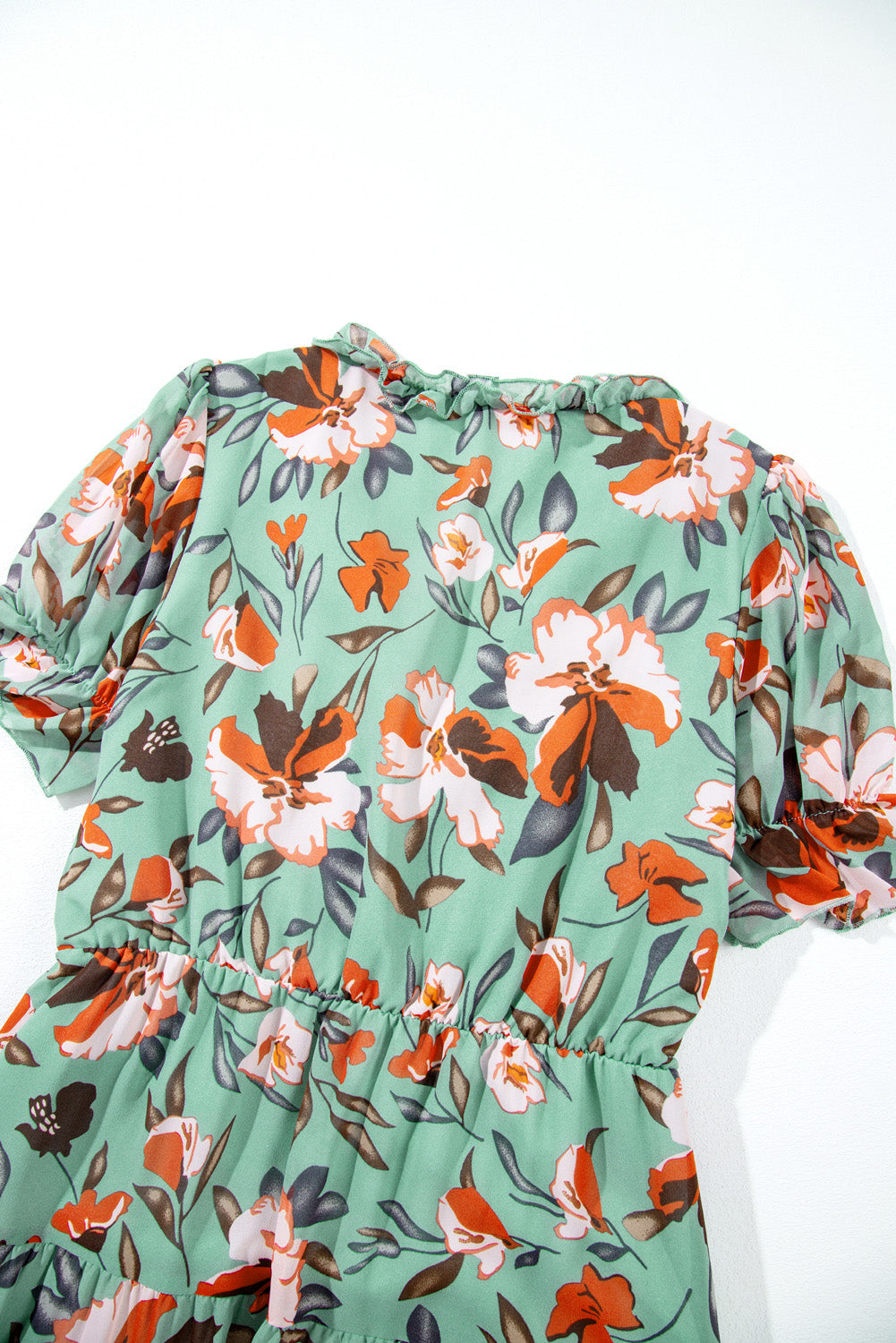 Sky Blue Floral V Neck Ruffle Short Sleeve Maxi Dress