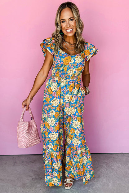 Floral Wide Leg Jumpsuit Cutout High Waist Boho Style