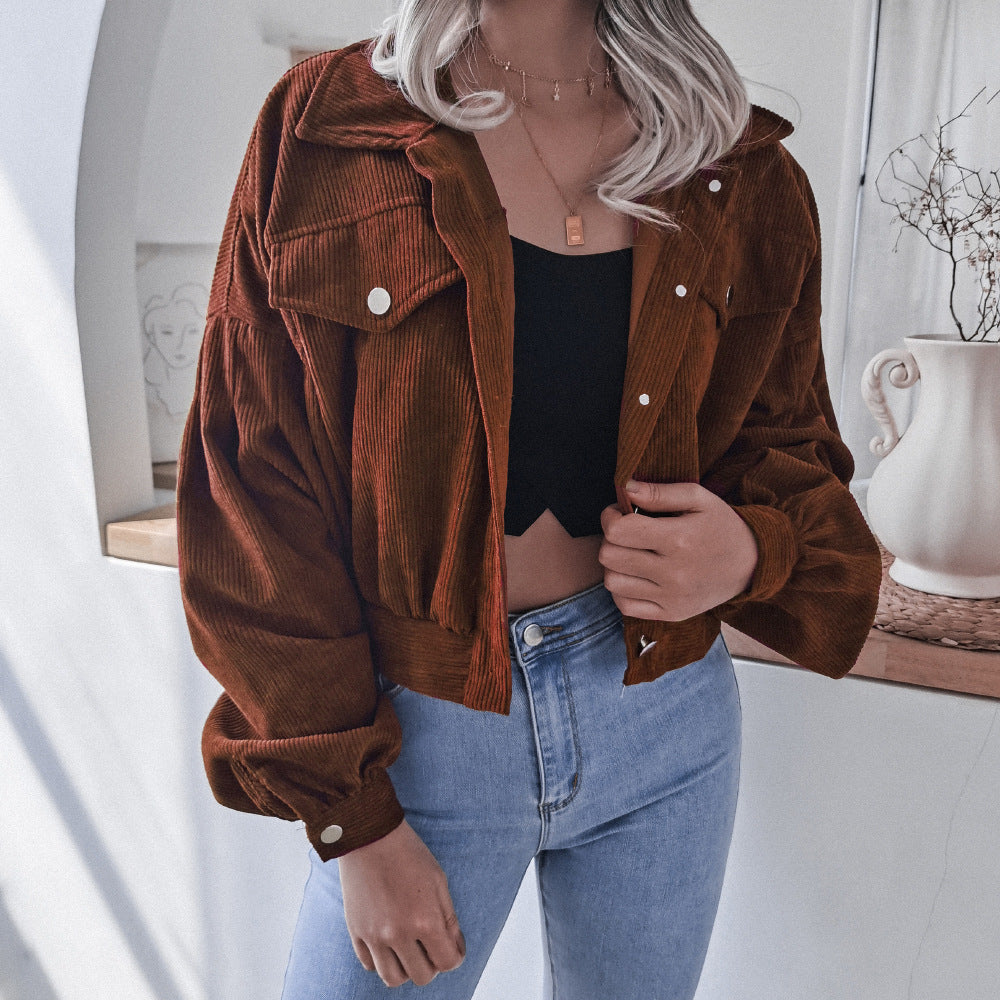 Trendy Lantern Sleeve Corduroy Jacket for Fall & Winter