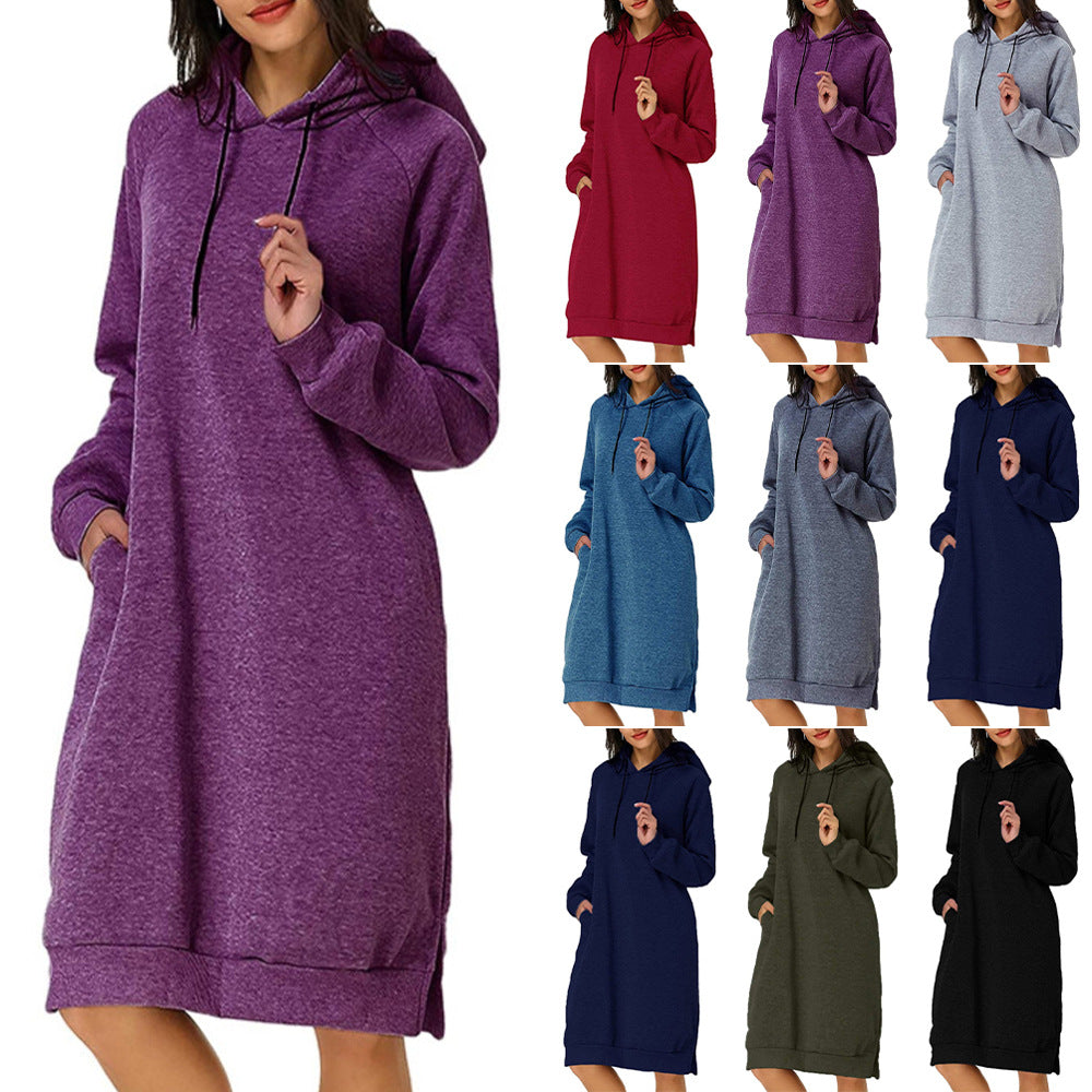 Women's Long Hoodie Dress Pocket Side Slit Sweatshirt