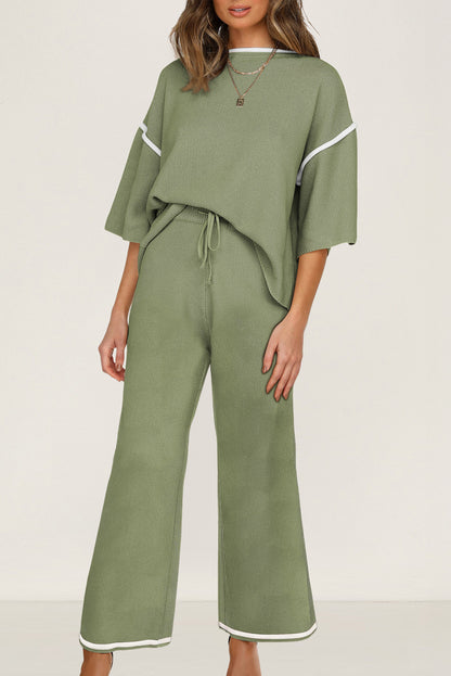 Women’s Knit Lounge Set Contrast Trim Top and Pants