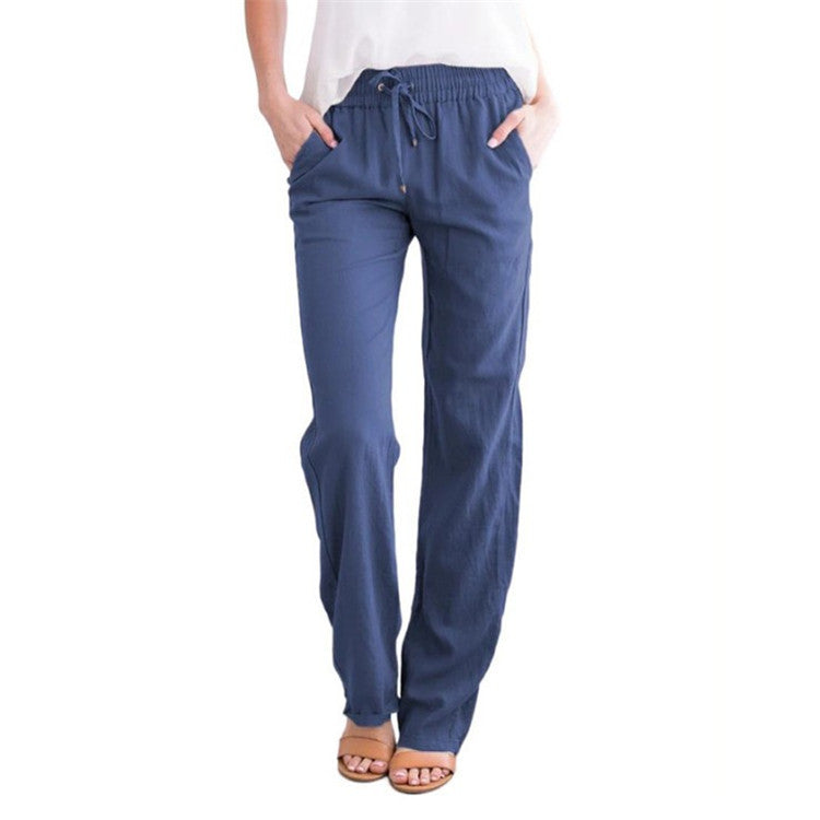 Women's Cotton Linen Drawstring Wide Leg Pants