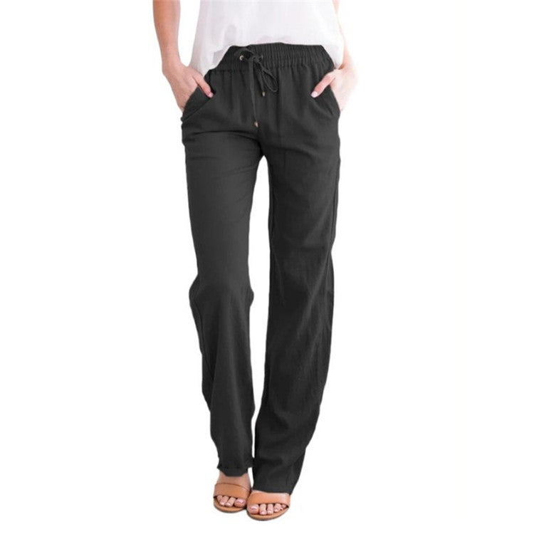Women's Cotton Linen Drawstring Wide Leg Casual Pants