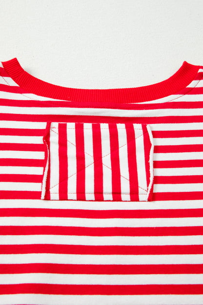 Red Stripe Oversized Pullover Exposed Seam Long Sleeve Top