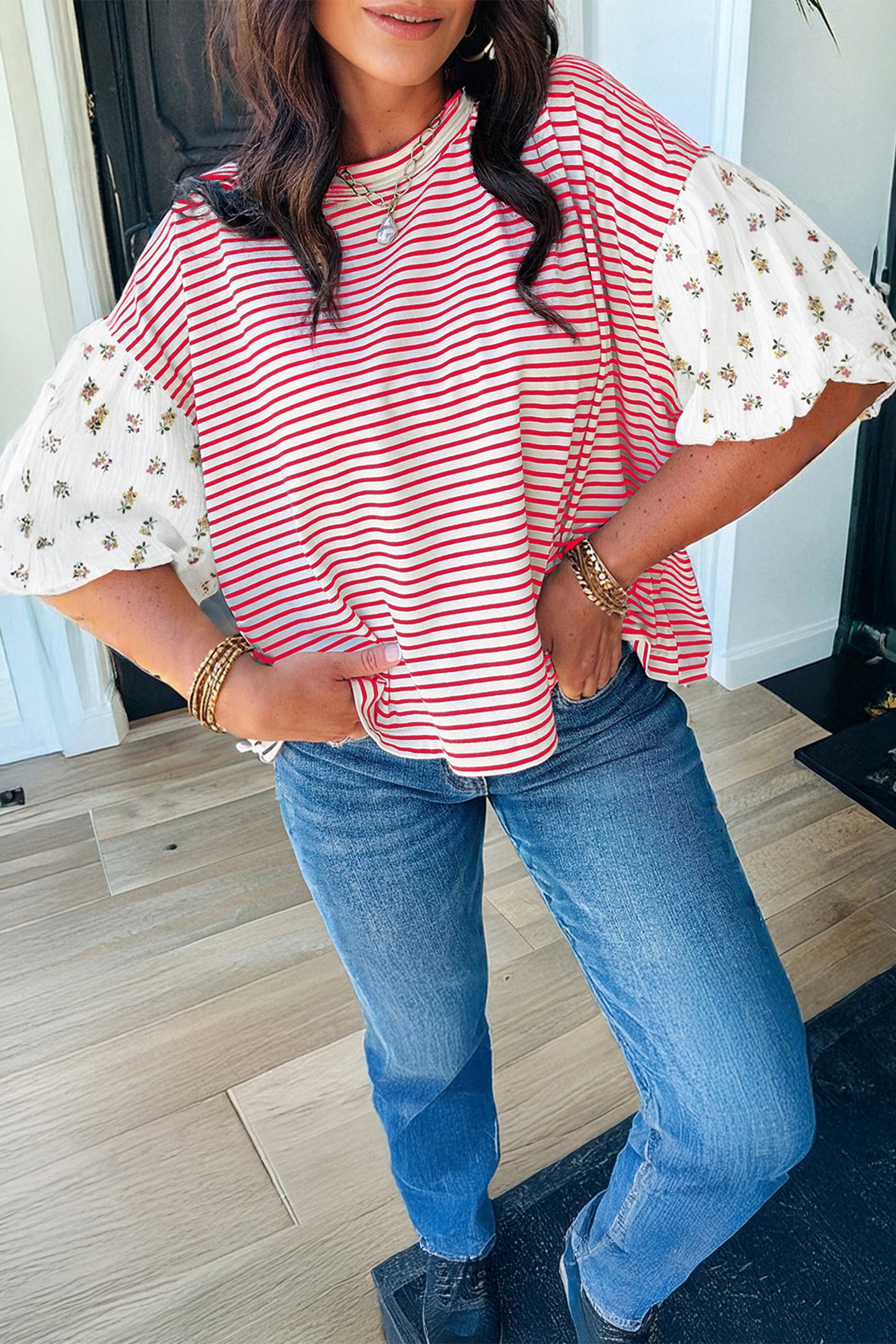 Striped Floral Patchwork Puff Sleeve Loose Casual Top