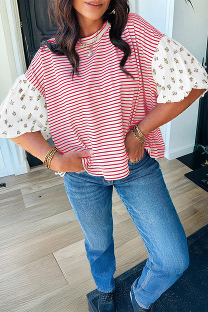 Striped Floral Patchwork Puff Sleeve Loose Casual Top
