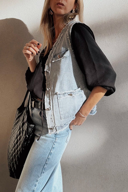 Light Wash Frayed Edge Flap Pocket Button Down Denim Vest