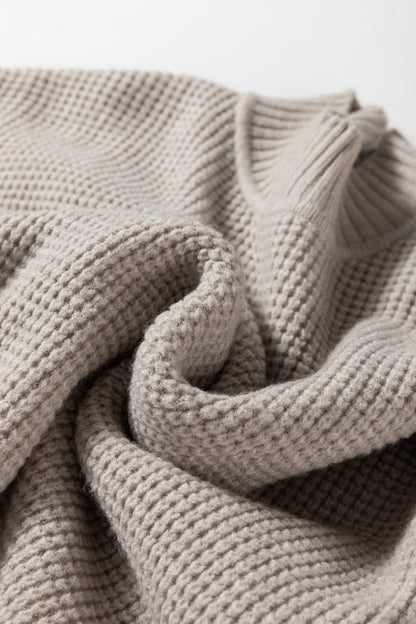 Waffle Knit High Neck Drop Shoulder Ribbed Sweater