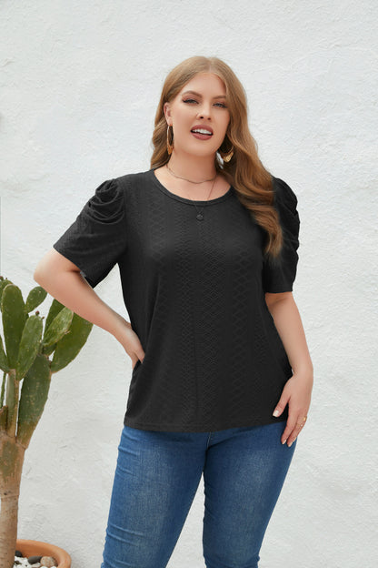 Puff Short Sleeve Eyelet Embroidery Plus Size Tops Loose Summer Shirt for Women