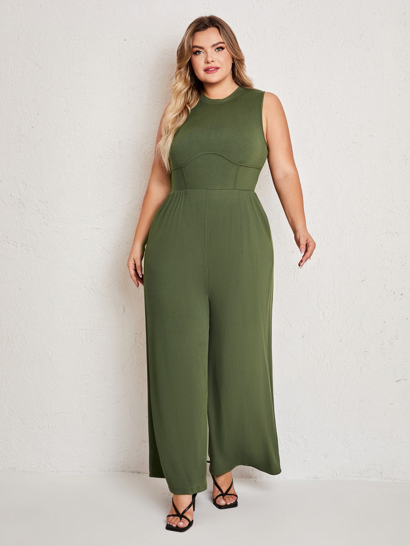 Womens Summer One Piece Sleeveless Wide Leg Pants Rompers With Pockets Plus Size