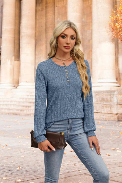 Ribbed V-Neck Button Knit Long Sleeve Pullover