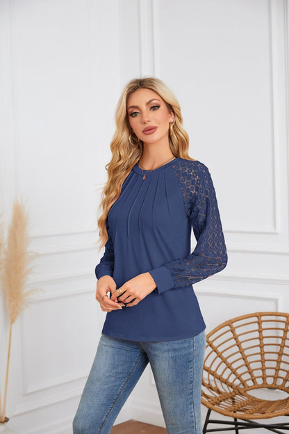 Lace Sleeve Pleated Blouse - Round Neck Long Sleeve Top