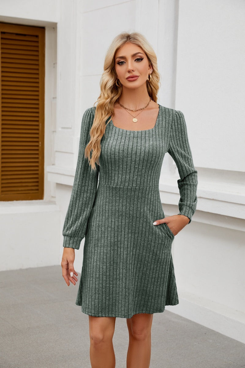 Square Neck Ribbed Knit Dress with Pockets