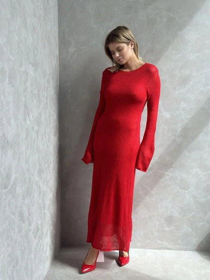 Sheer Knit Maxi Dress Set Long Sleeve Overlay with Slip
