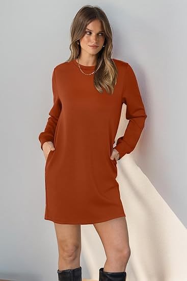 Cozy Long Sleeve Crewneck Sweatshirt Dress with Pockets