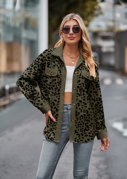 Leopard Print Corduroy Button Down Oversized Shirt Jacket