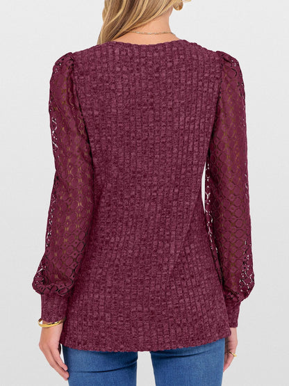 V-Neck Knit Top with Lace Puff Long Sleeves