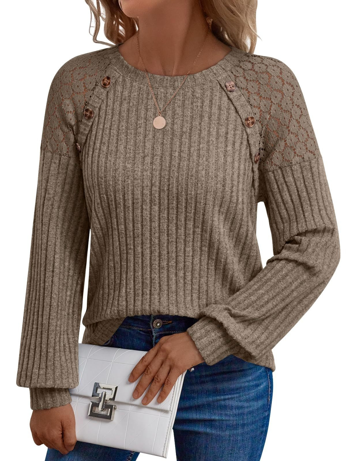 Solid Ribbed Knit Button Pullover with Lace & Buttons