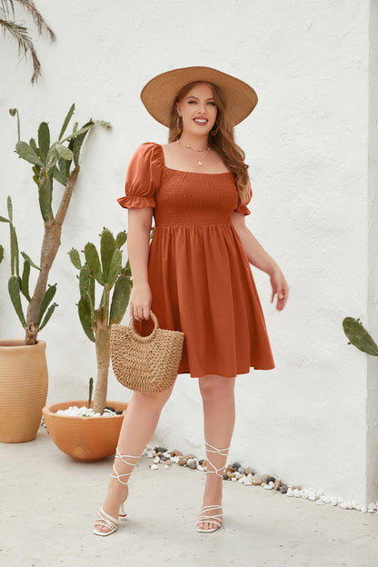 Women's Square Neck Flounce Short Sleeve Shirred Ruffle Hem Dress
