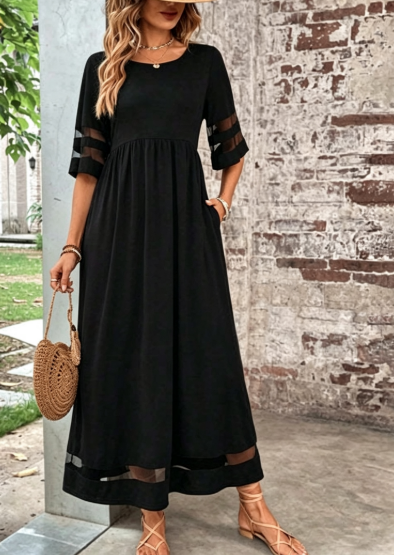 Plus Size Mesh Sleeve Maxi Dress with Pockets A-Line