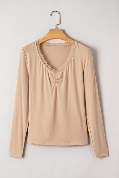 Smoke Gray Lace Trim Ruched V Neck Long Sleeve Women’s Top