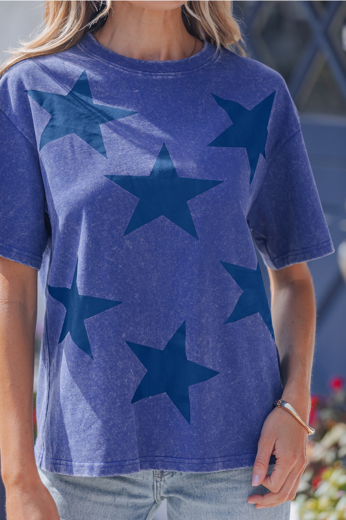 Blue Star Print Mineral Wash Flag Day Independence Tee