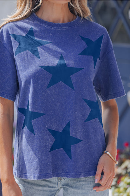 Blue Star Print Mineral Wash Flag Day Independence Tee