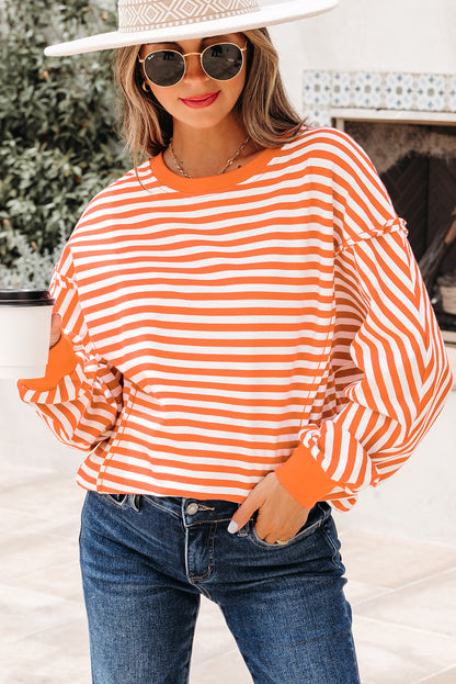 Red Stripe Oversized Pullover Exposed Seam Long Sleeve Top