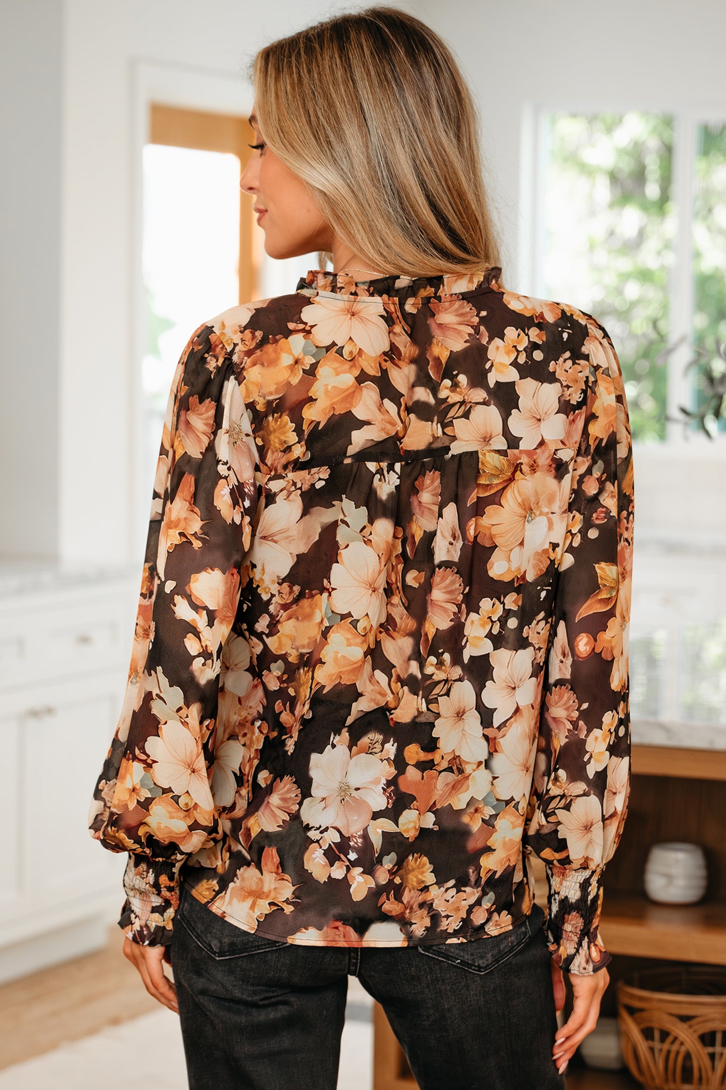 Black Floral Print V Neck Long Sleeve Smocked Cuff Blouse